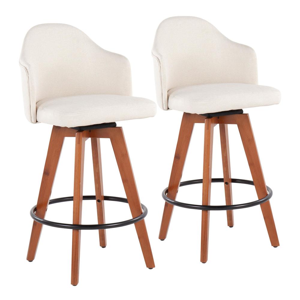 Walnut Bamboo, Cream Fabric, Black Metal Ahoy Counter Stool - Set of 2. Picture 1