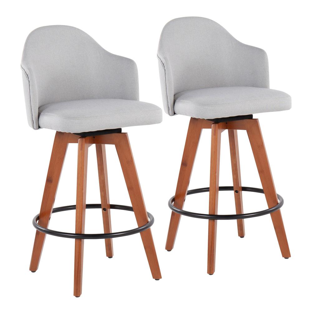 Walnut Bamboo, Light Grey Fabric, Black Metal Ahoy Counter Stool - Set of 2. Picture 1