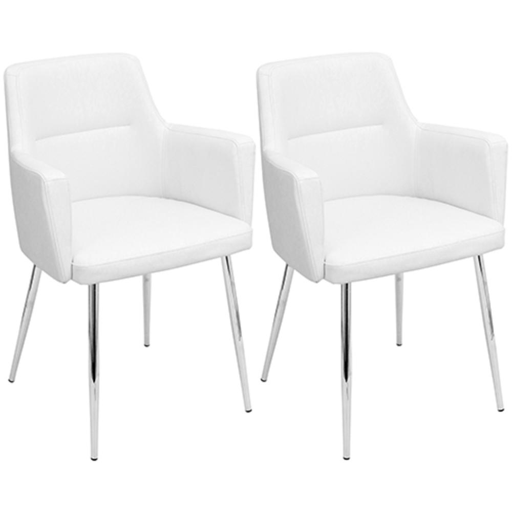 Andrew Contemporary Dining/Accent Chair in Chrome and White Faux Leather - Set of 2. Picture 1