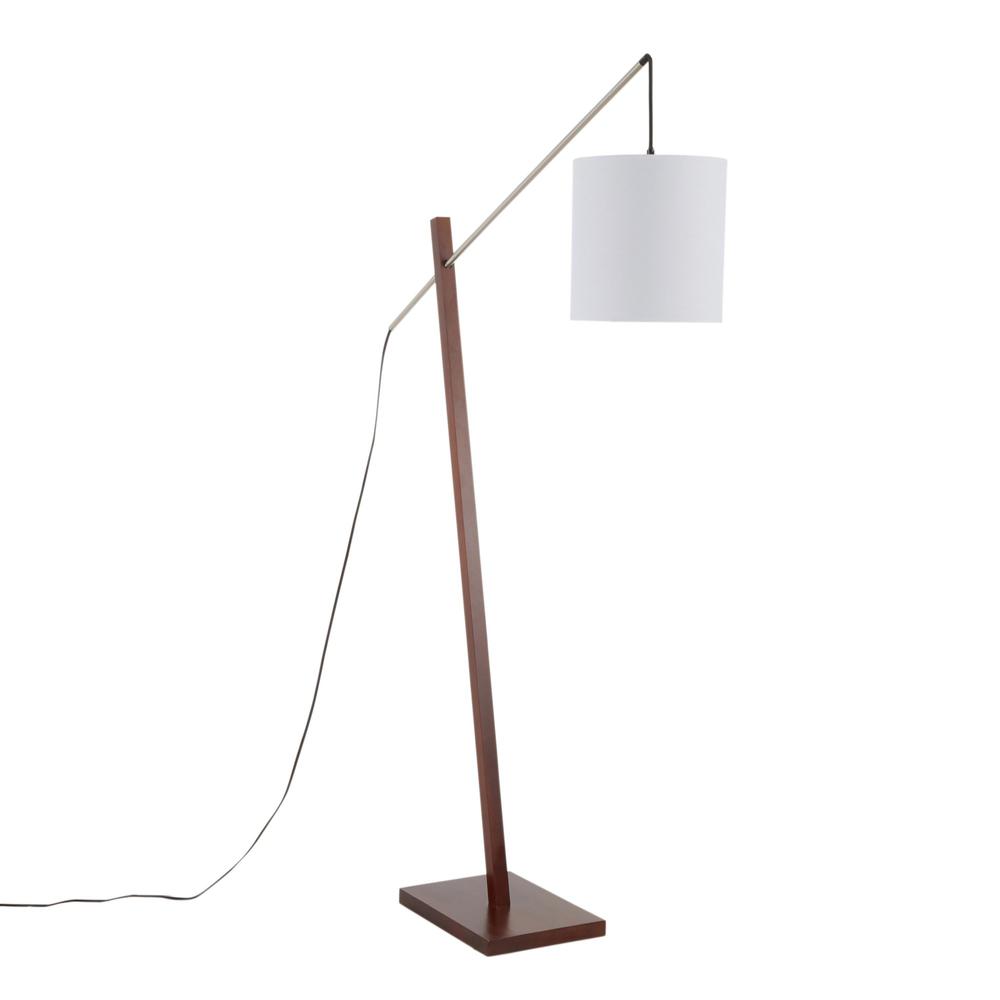 Arturo Contemporary Floor Lamp in Walnut Wood and White Fabric Shade. Picture 1