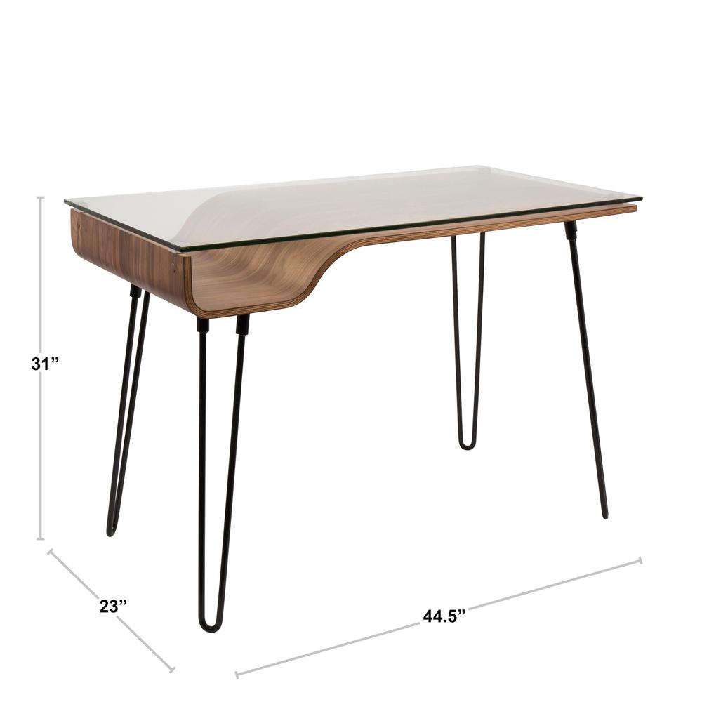 Avery Mid-Century Modern Desk in Walnut Wood, Clear Glass, and Black Metal. Picture 7