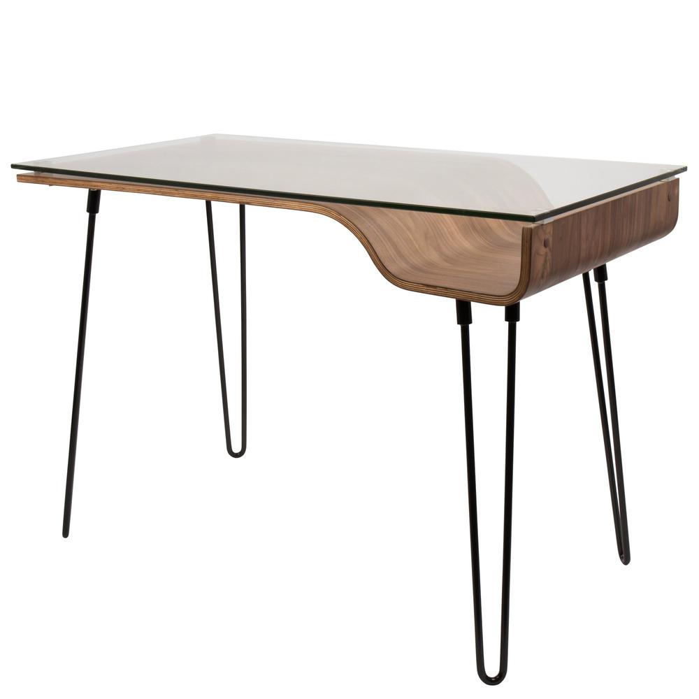 Avery Mid-Century Modern Desk in Walnut Wood, Clear Glass, and Black Metal. Picture 3