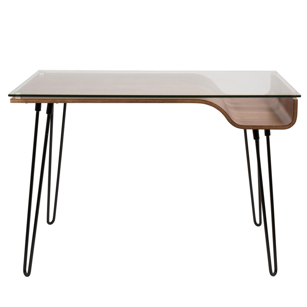 Avery Mid-Century Modern Desk in Walnut Wood, Clear Glass, and Black Metal. Picture 4