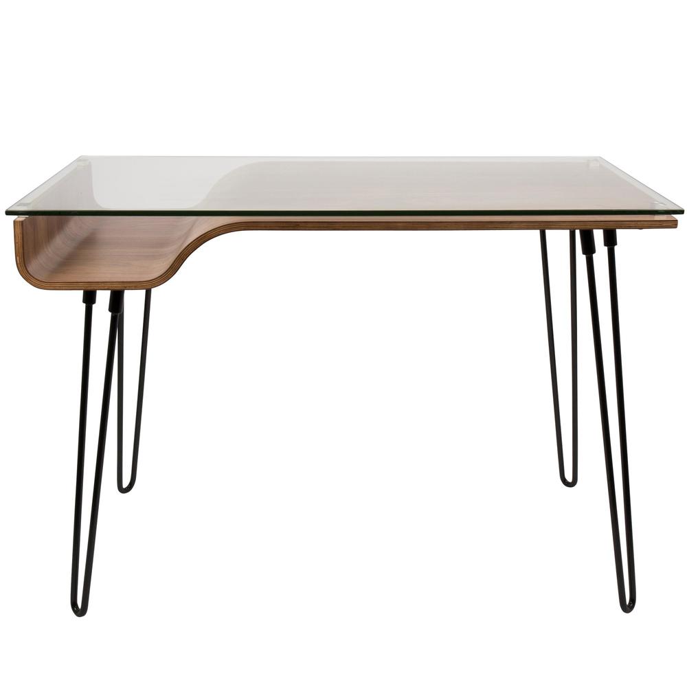 Avery Mid-Century Modern Desk in Walnut Wood, Clear Glass, and Black Metal. Picture 5