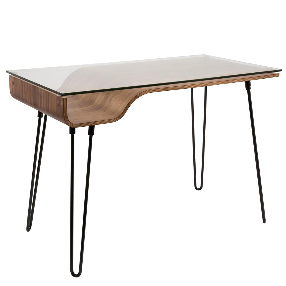 Avery Mid-Century Modern Desk in Walnut Wood, Clear Glass, and Black Metal. Picture 1