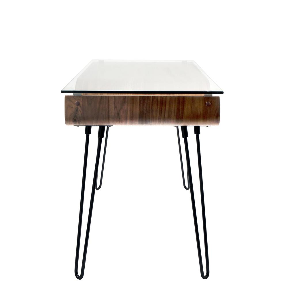 Avery Mid-Century Modern Desk in Walnut Wood, Clear Glass, and Black Metal. Picture 2