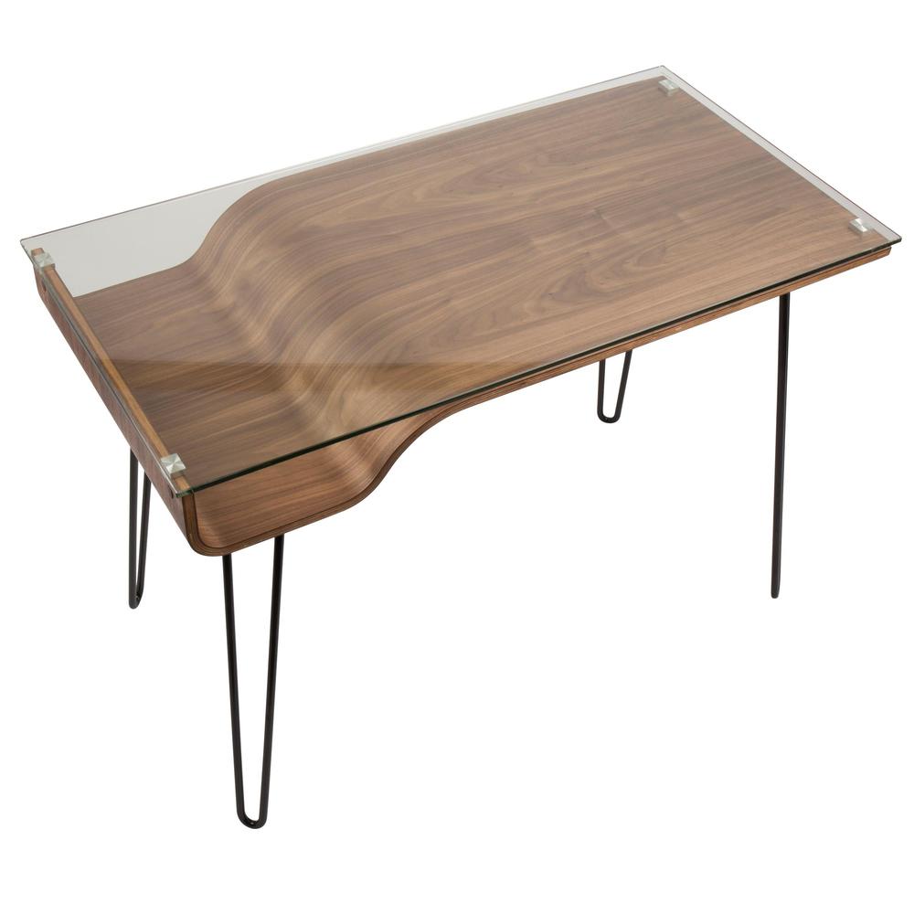 Avery Mid-Century Modern Desk in Walnut Wood, Clear Glass, and Black Metal. Picture 6