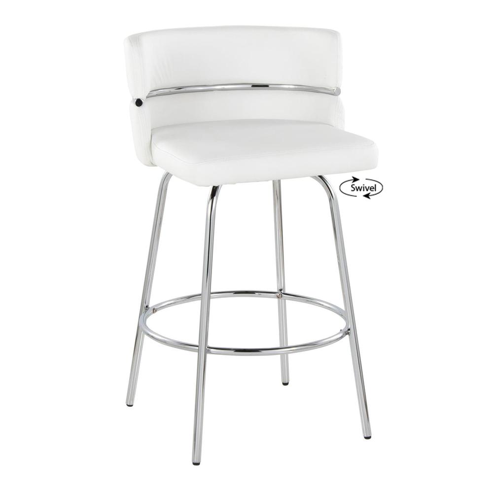 Chrome Metal, White PU Cinch Claire 26" Fixed-Height Counter Stool - Set of 2. Picture 2