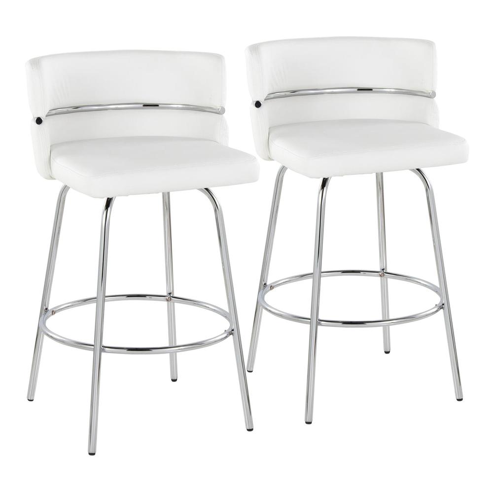 Chrome Metal, White PU Cinch Claire 26" Fixed-Height Counter Stool - Set of 2. Picture 1