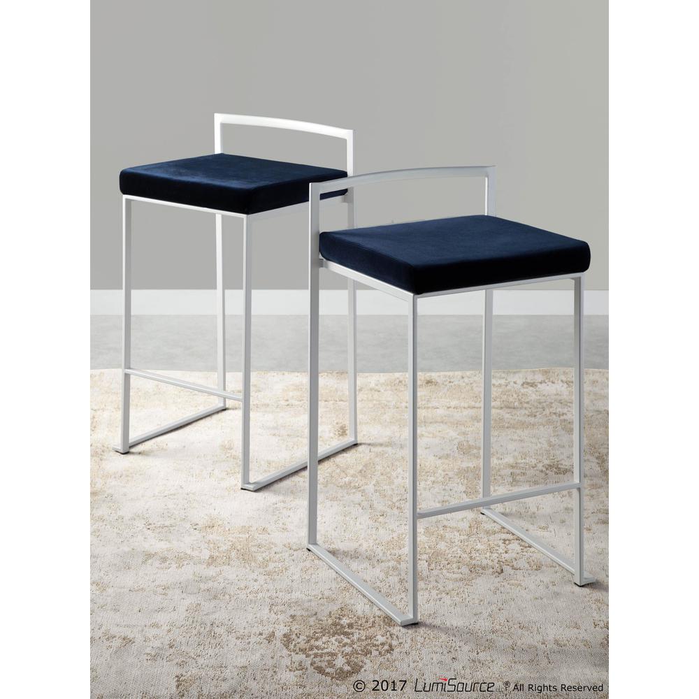 Fuji Contemporary Stackable Counter Stool in White with Blue Velvet Cushion - Set of 2. Picture 11