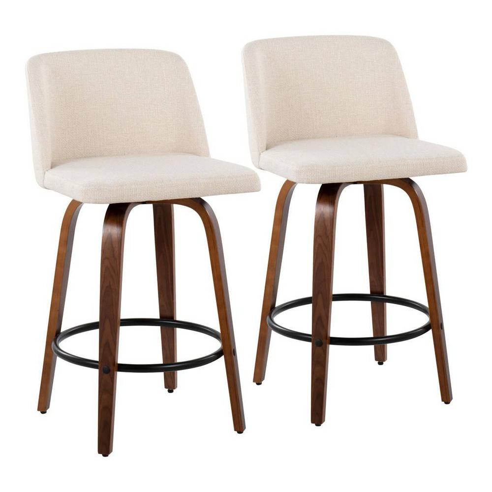 Walnut Wood, Cream Noise Fabric, Chrome Toriano Counter Stool - Set of 2. Picture 1