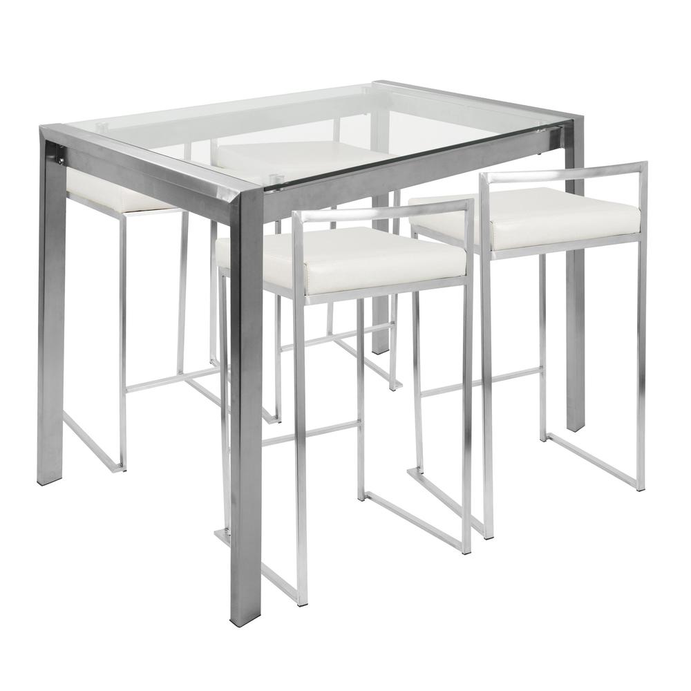 Fuji 5-Piece Contemporary Counter Height Dining Set in Stainless Steel and White. Picture 1