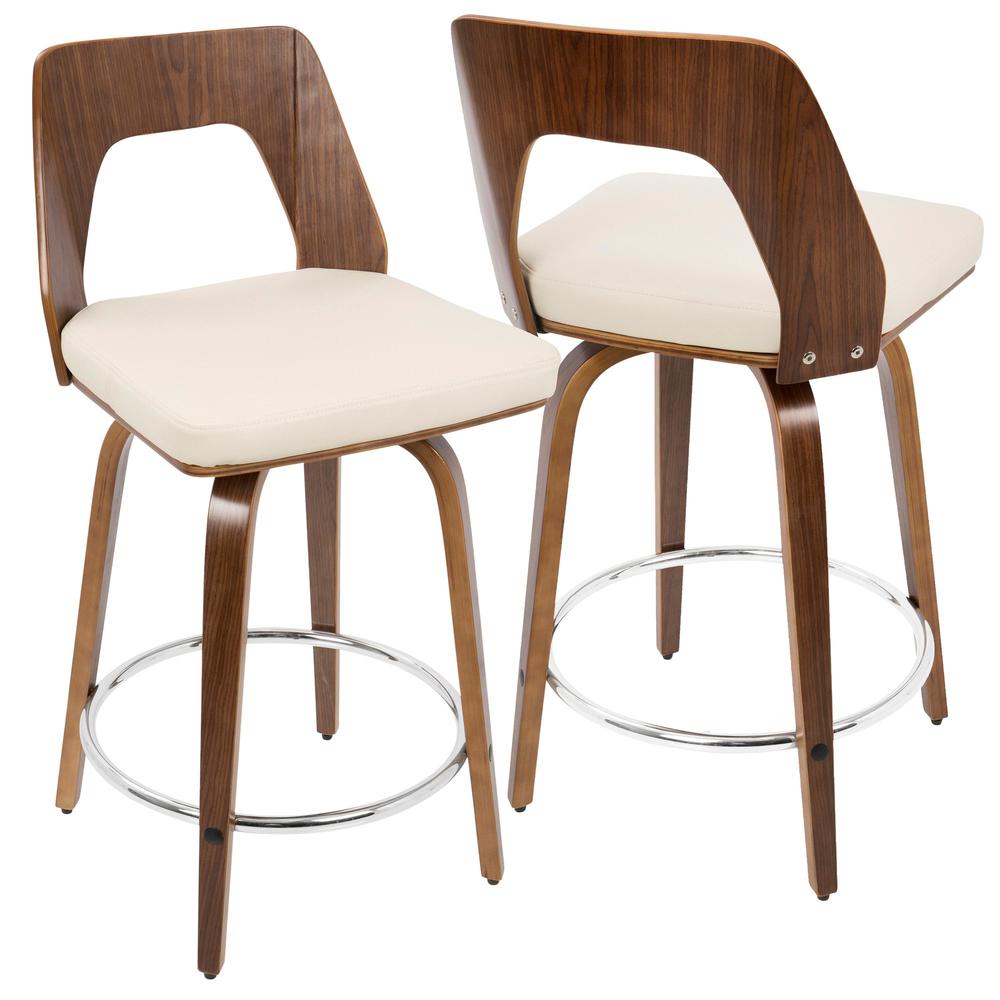 Trilogy Mid-Century Modern Counter Stool in Walnut and Cream Faux Leather - Set of 2. Picture 2