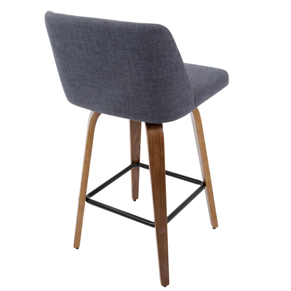 Toriano Mid-Century Modern Counter Stool in Walnut and Blue Fabric - Set of 2. Picture 4