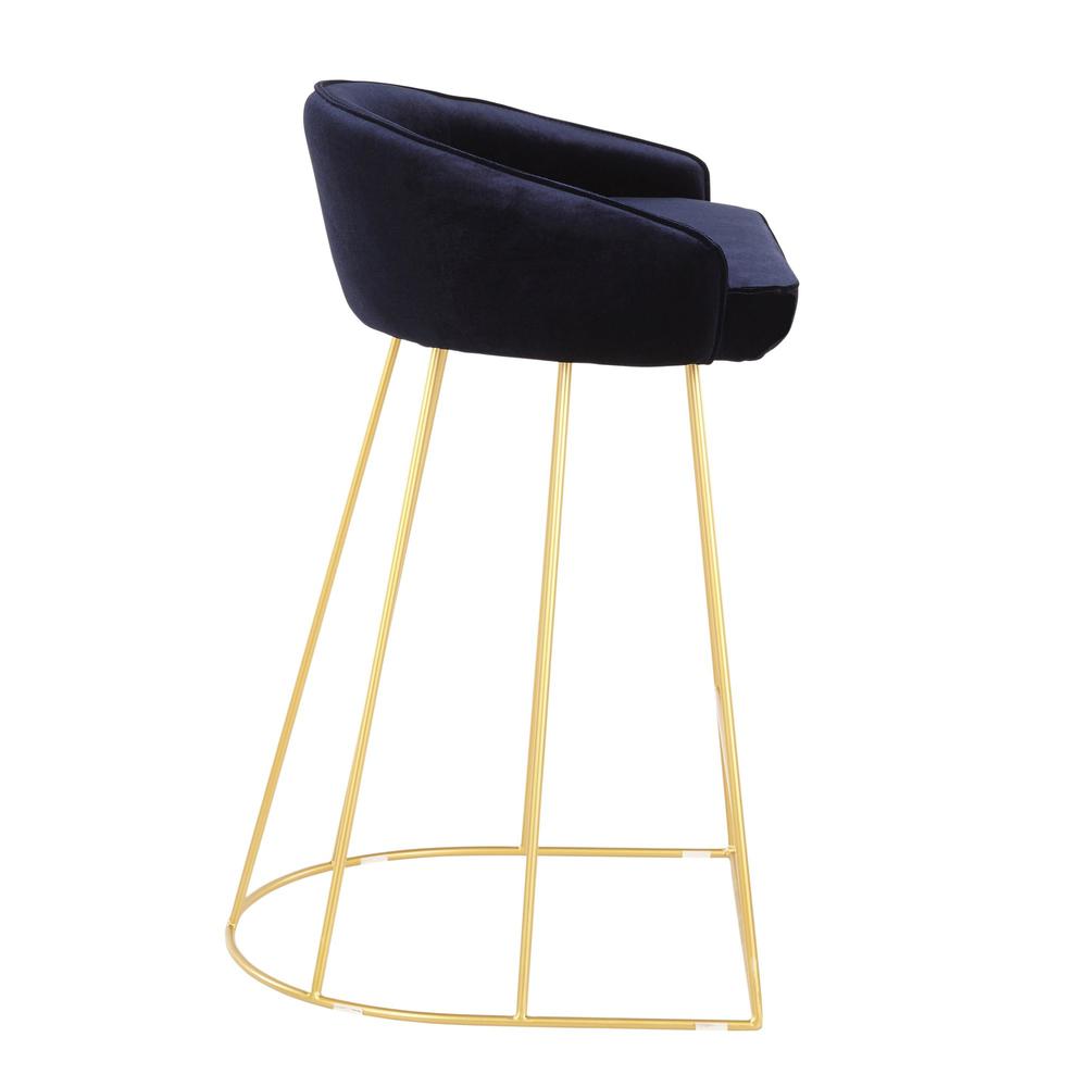 Canary Contemporary Counter Stool in Gold with Blue Velvet - Set of 2. Picture 3