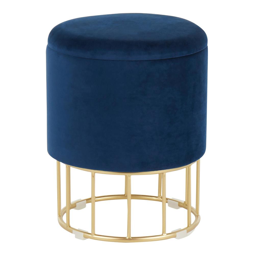 Canary Contemporary/Glam Ottoman in Gold Metal and Blue Velvet. Picture 1