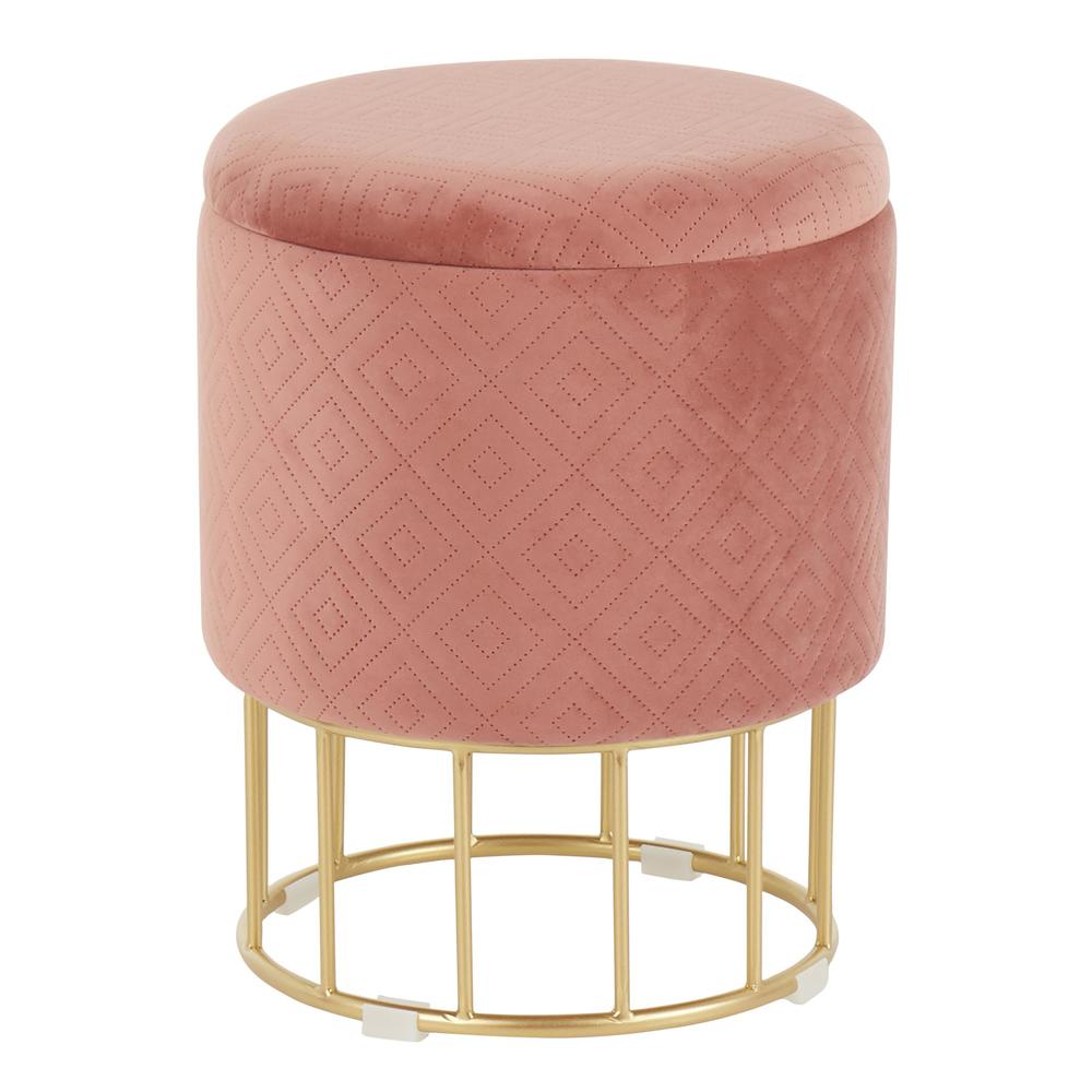 Canary Contemporary/Glam Ottoman in Gold Metal and Pink Velvet. Picture 1