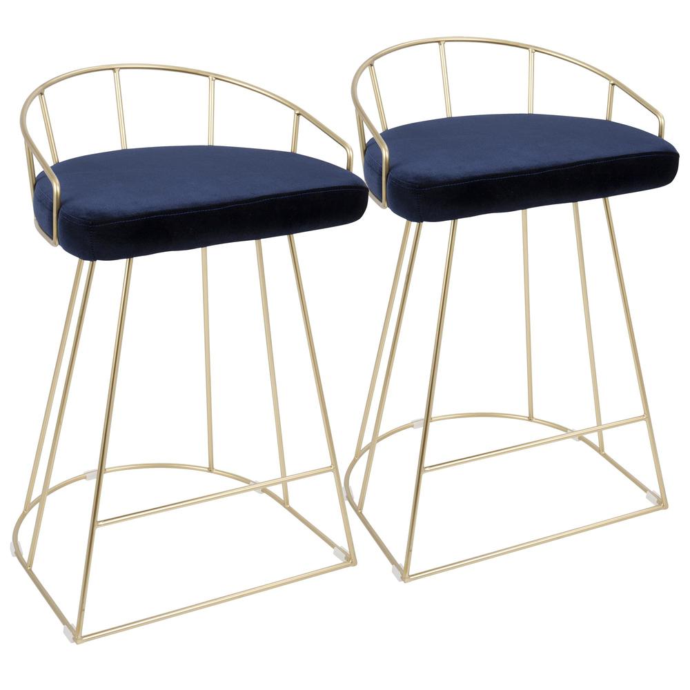 Canary Contemporary-Glam Counter Stool in Gold with Blue Velvet - Set of 2. Picture 1
