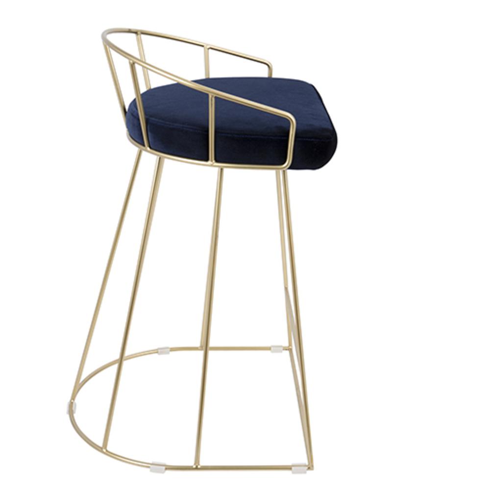 Canary Contemporary-Glam Counter Stool in Gold with Blue Velvet - Set of 2. Picture 7