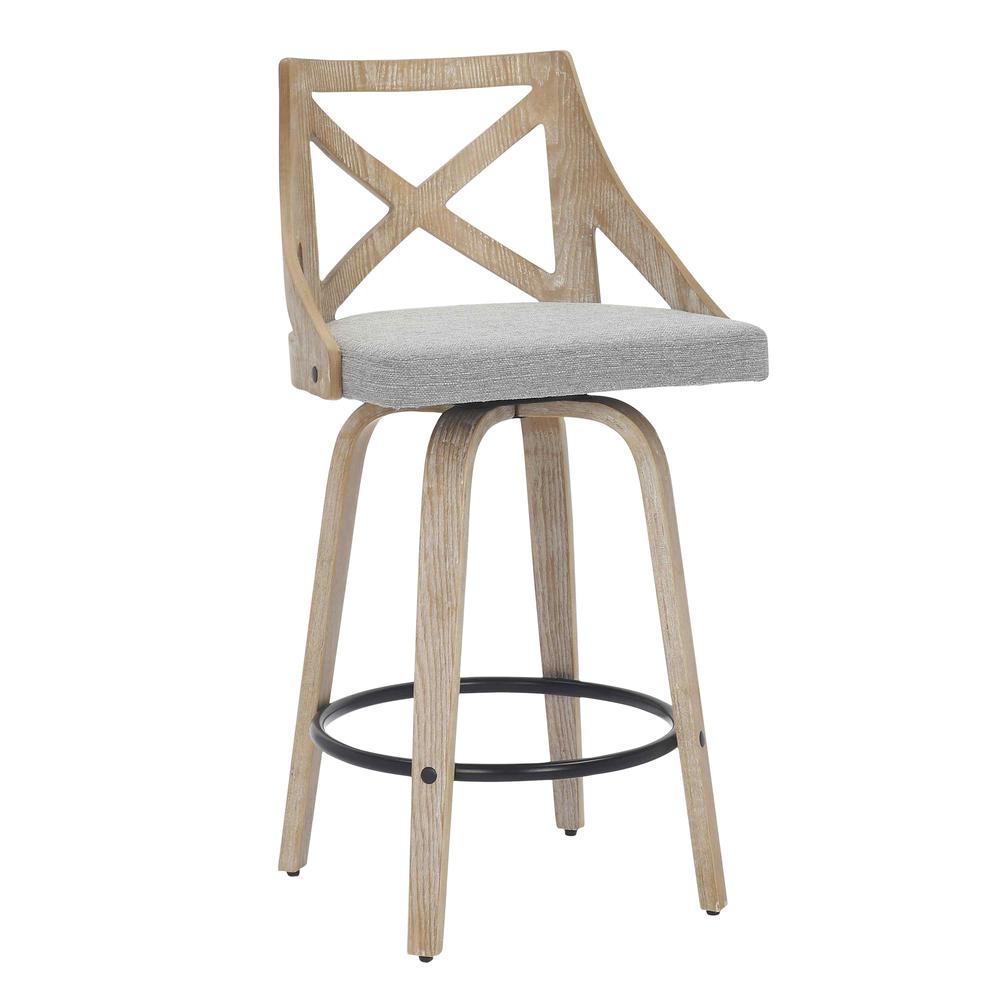 White Washed Wood, Light Grey Fabric Charlotte Counter Stool - Set of 2. Picture 2
