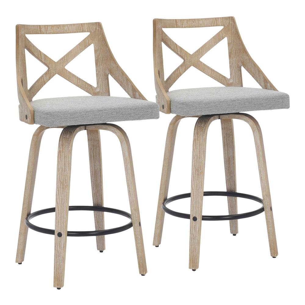 White Washed Wood, Light Grey Fabric Charlotte Counter Stool - Set of 2. Picture 1