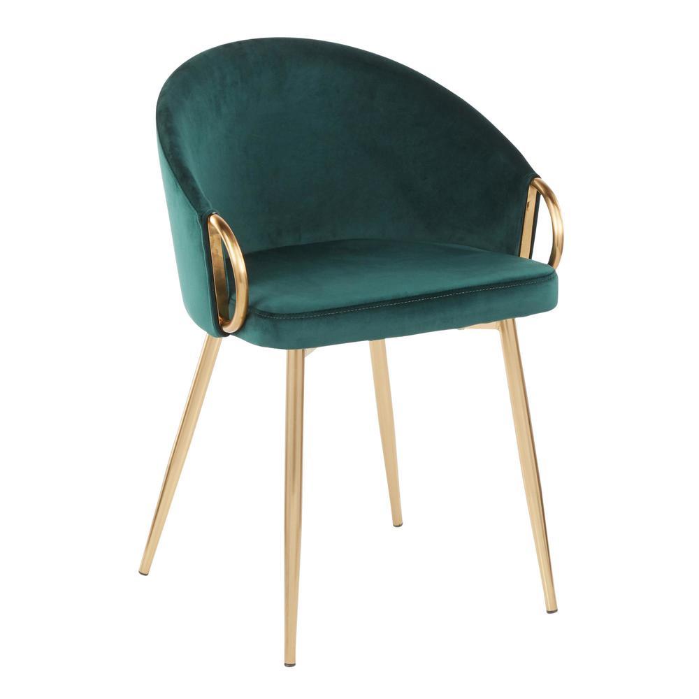 Claire Contemporary/Glam Chair in Gold Metal and Emerald Green Velvet - Set of 2. Picture 1
