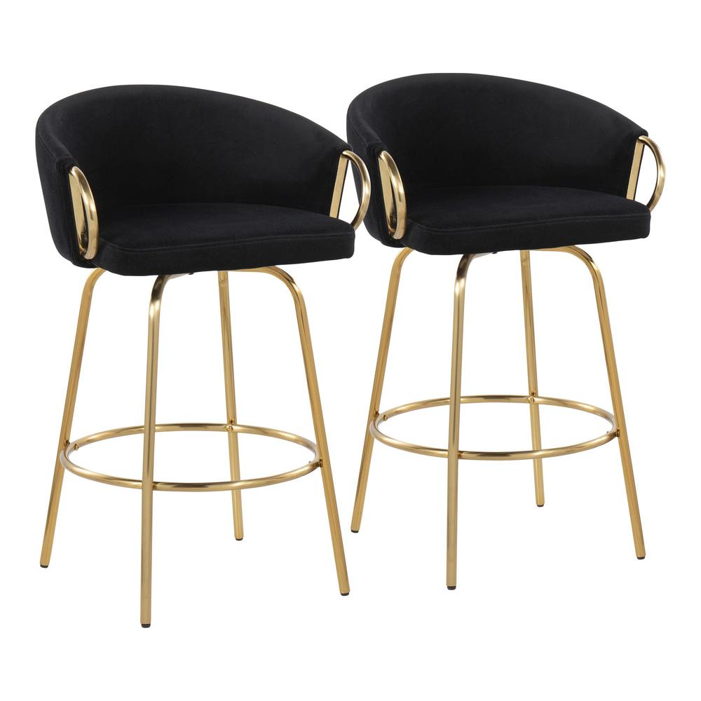 Gold Steel, Black Velvet Claire 26" Fixed Height Counter Stool - Set of 2. Picture 1