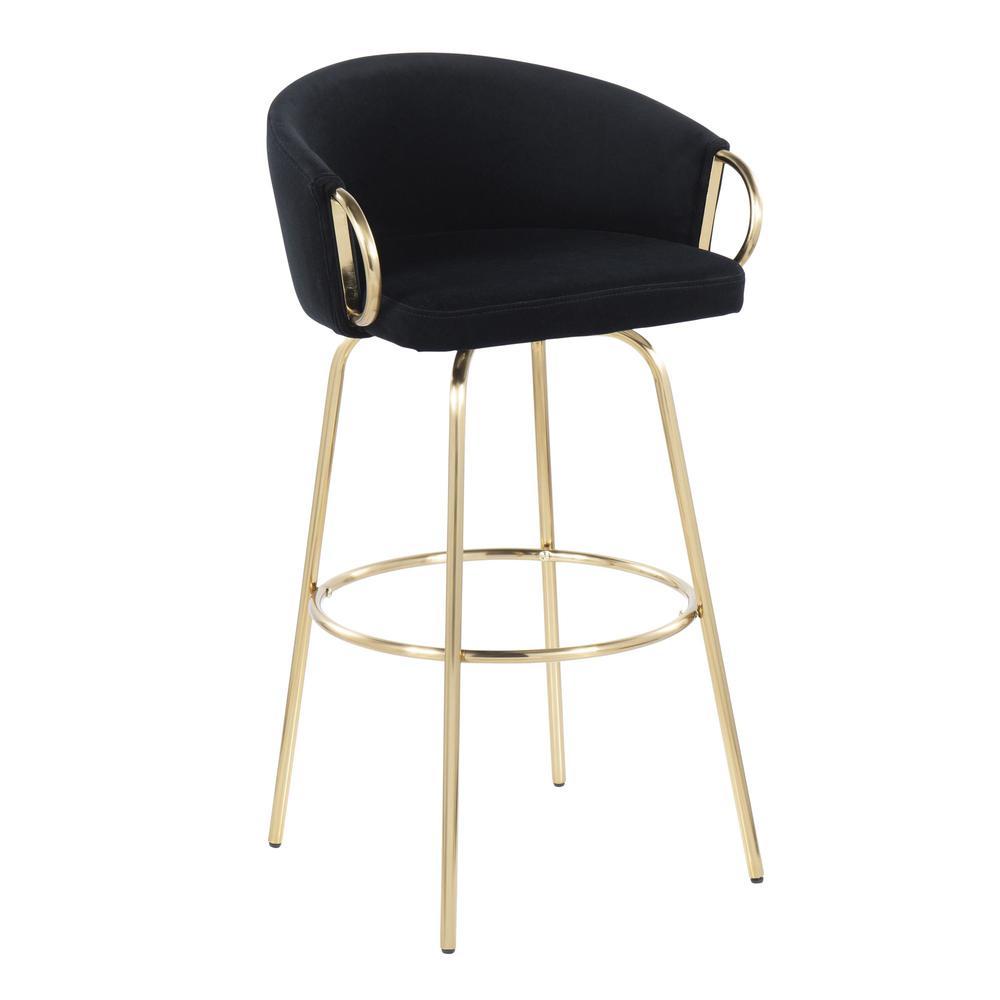 Gold Metal, Black Velvet Claire 30" Fixed Height Barstool - Set of 2. Picture 2
