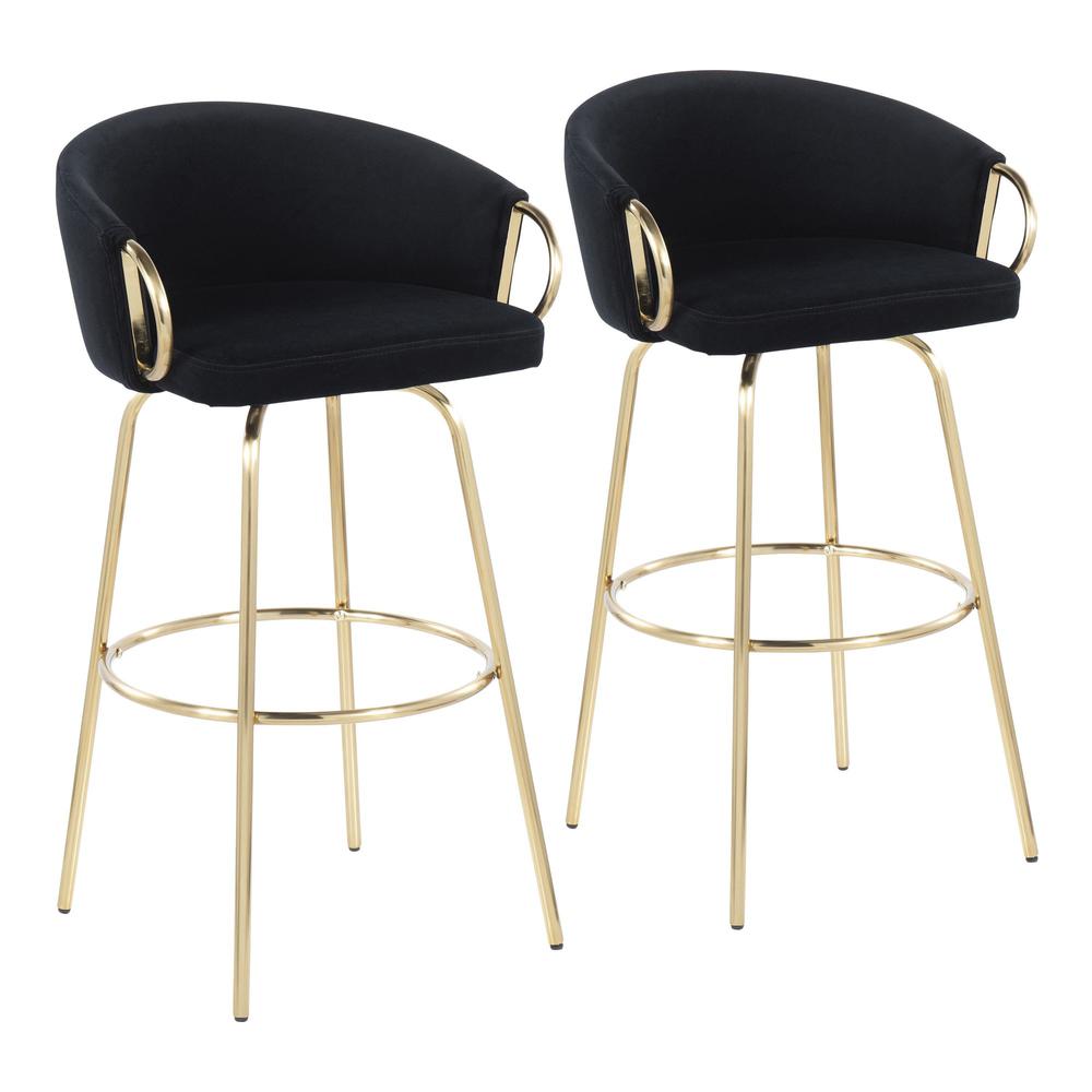 Gold Metal, Black Velvet Claire 30" Fixed Height Barstool - Set of 2. Picture 1