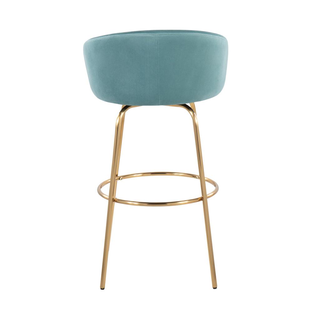 Gold Metal, Light Blue Velvet Claire 30" Fixed Height Barstool - Set of 2. Picture 5