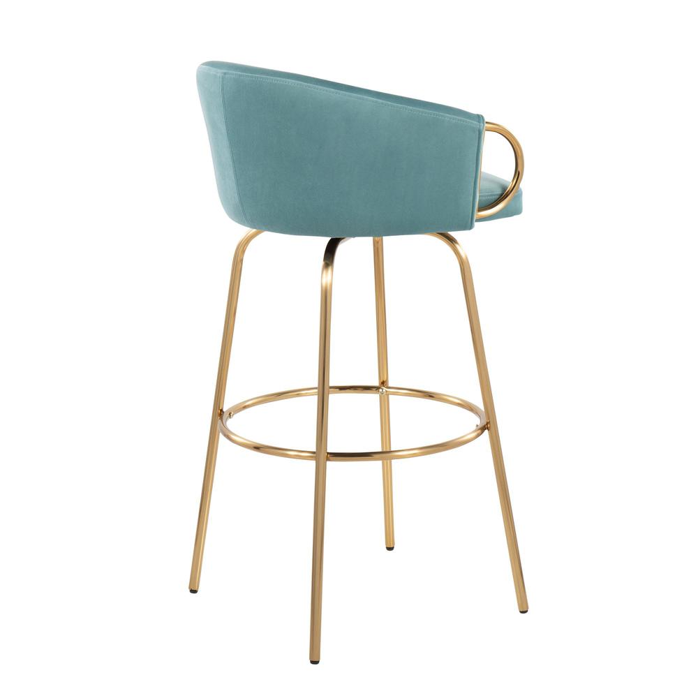 Gold Metal, Light Blue Velvet Claire 30" Fixed Height Barstool - Set of 2. Picture 4