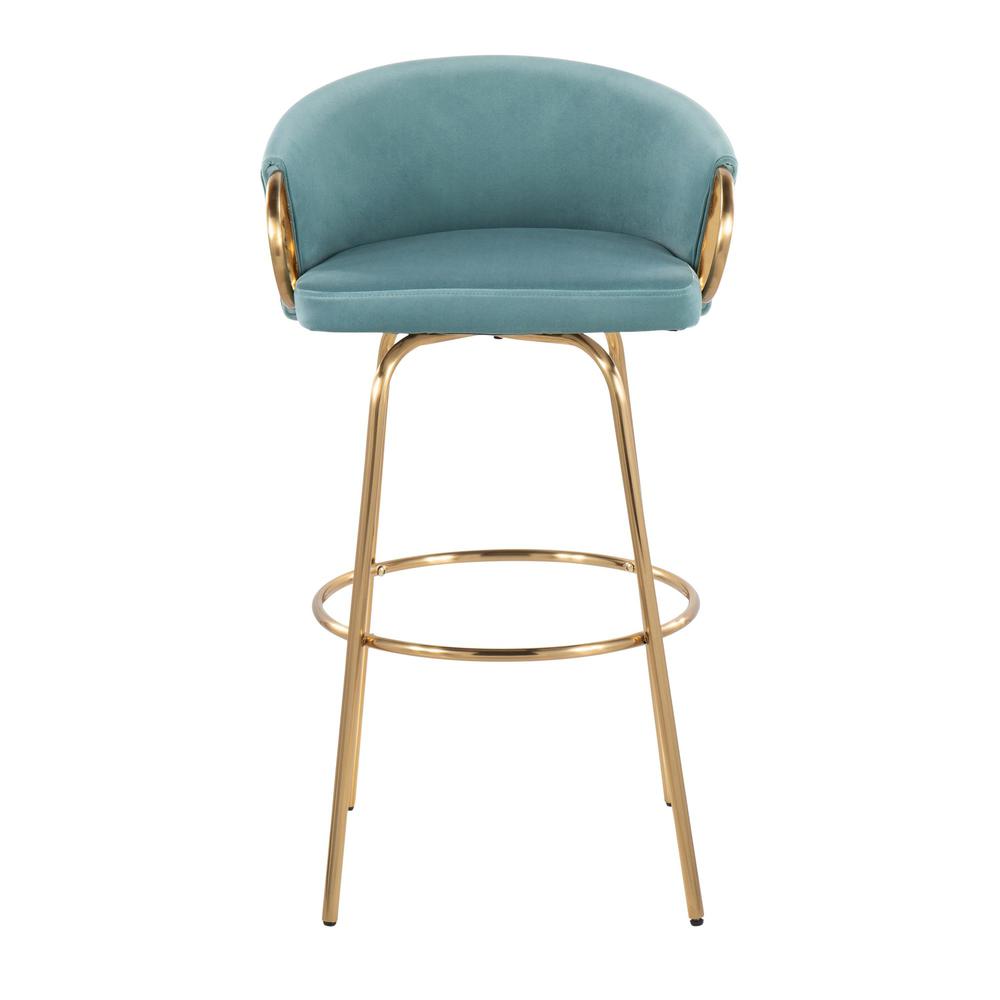 Gold Metal, Light Blue Velvet Claire 30" Fixed Height Barstool - Set of 2. Picture 6