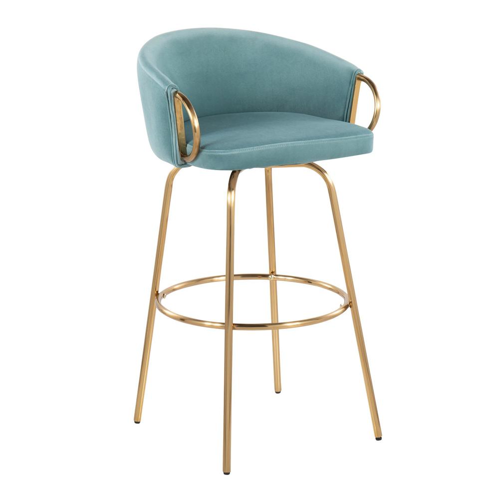 Gold Metal, Light Blue Velvet Claire 30" Fixed Height Barstool - Set of 2. Picture 2