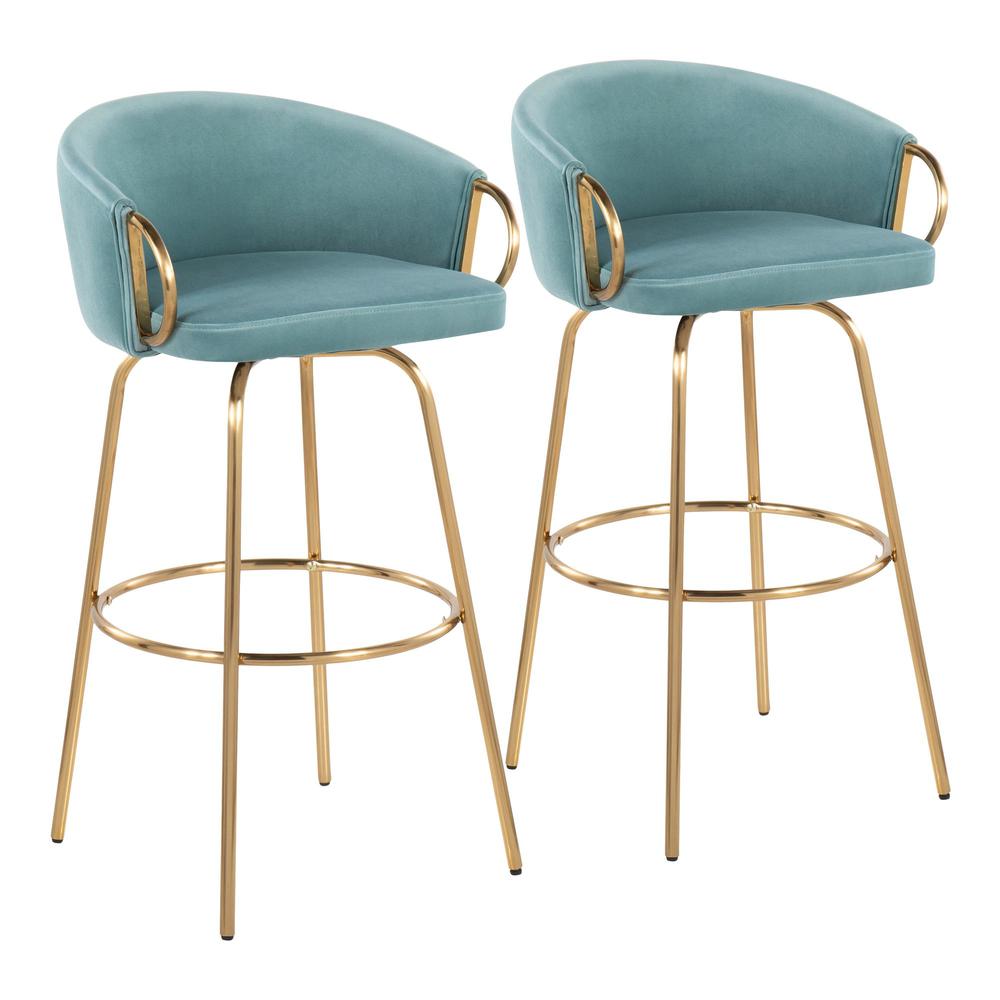 Gold Metal, Light Blue Velvet Claire 30" Fixed Height Barstool - Set of 2. Picture 1