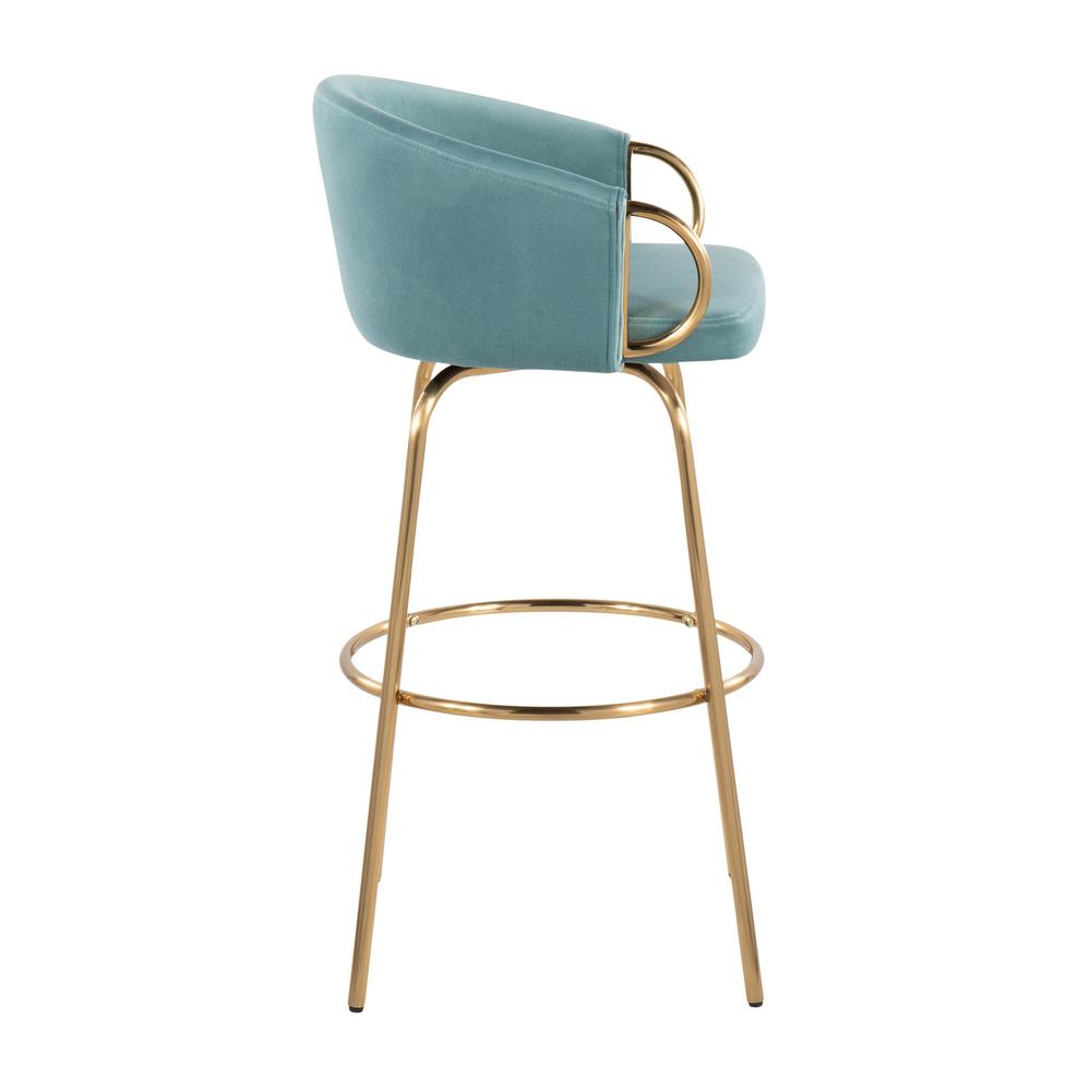 Gold Metal, Light Blue Velvet Claire 30" Fixed Height Barstool - Set of 2. Picture 3