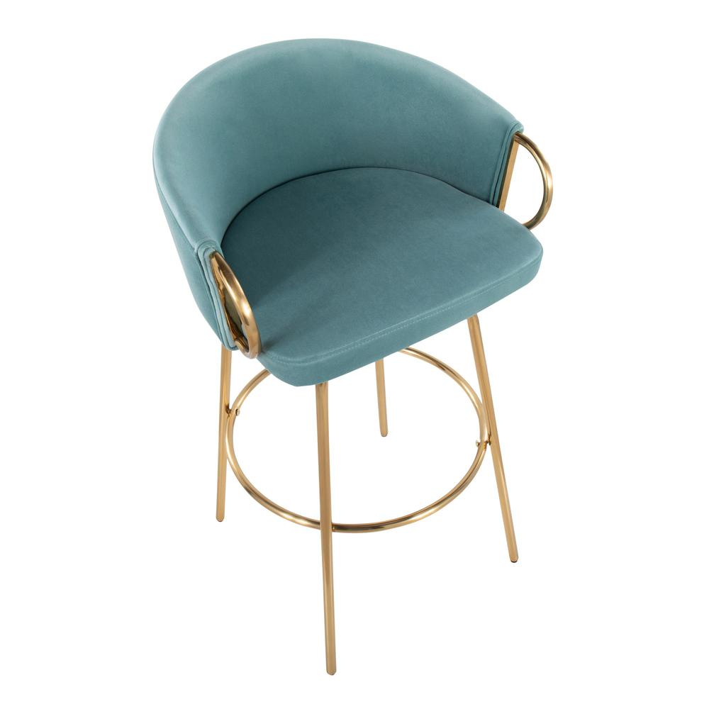Gold Metal, Light Blue Velvet Claire 30" Fixed Height Barstool - Set of 2. Picture 7