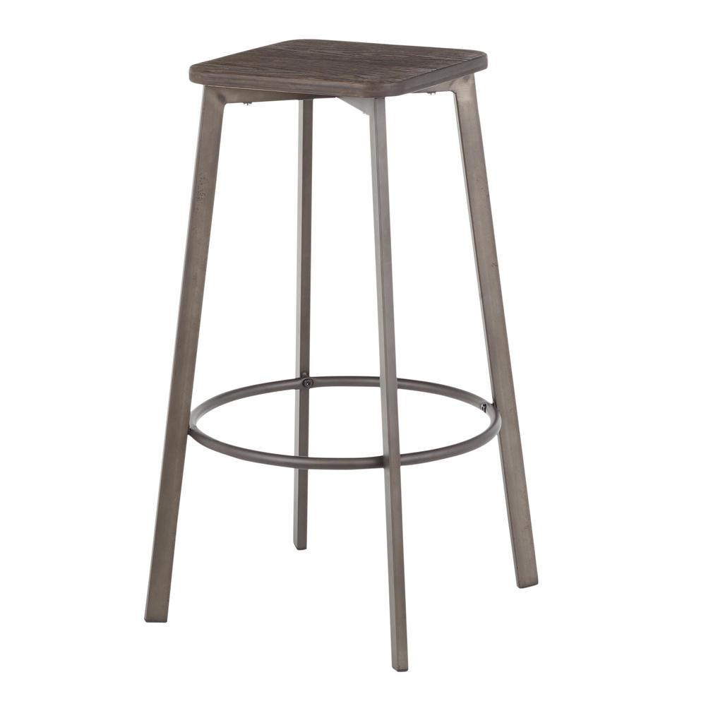 Clara Industrial Square Barstool in Antique Metal and Espresso Wood-Pressed Grain Bamboo - Set of 2. Picture 4