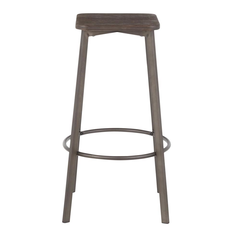 Clara Industrial Square Barstool in Antique Metal and Espresso Wood-Pressed Grain Bamboo - Set of 2. Picture 5