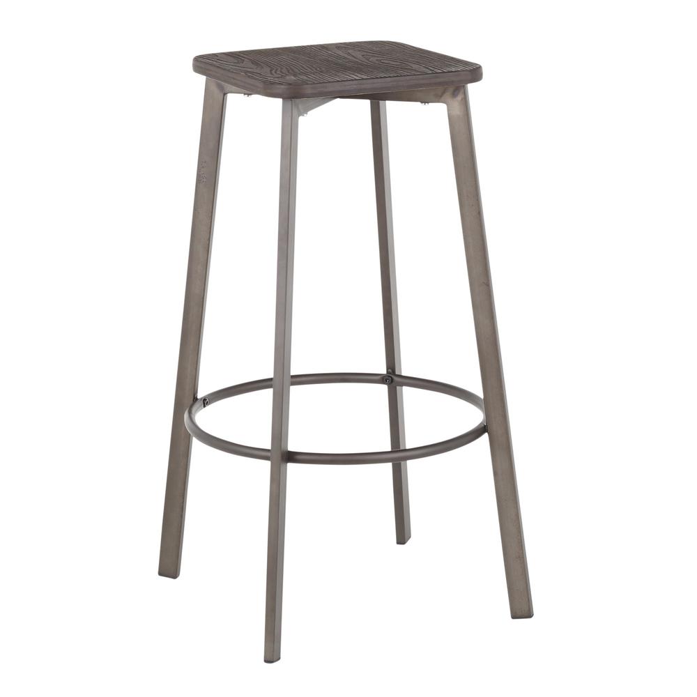 Clara Industrial Square Barstool in Antique Metal and Espresso Wood-Pressed Grain Bamboo - Set of 2. Picture 2