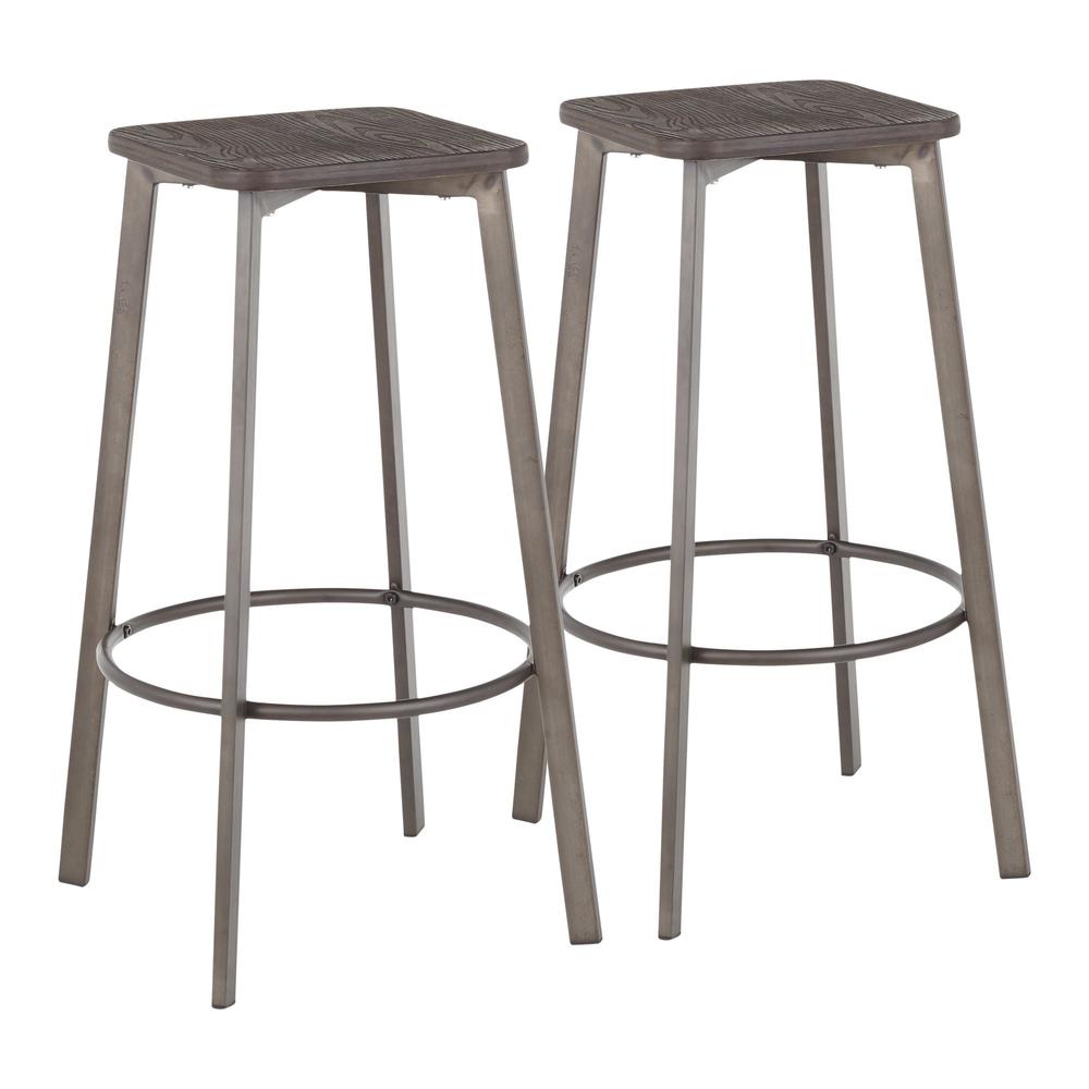 Clara Industrial Square Barstool in Antique Metal and Espresso Wood-Pressed Grain Bamboo - Set of 2. Picture 1