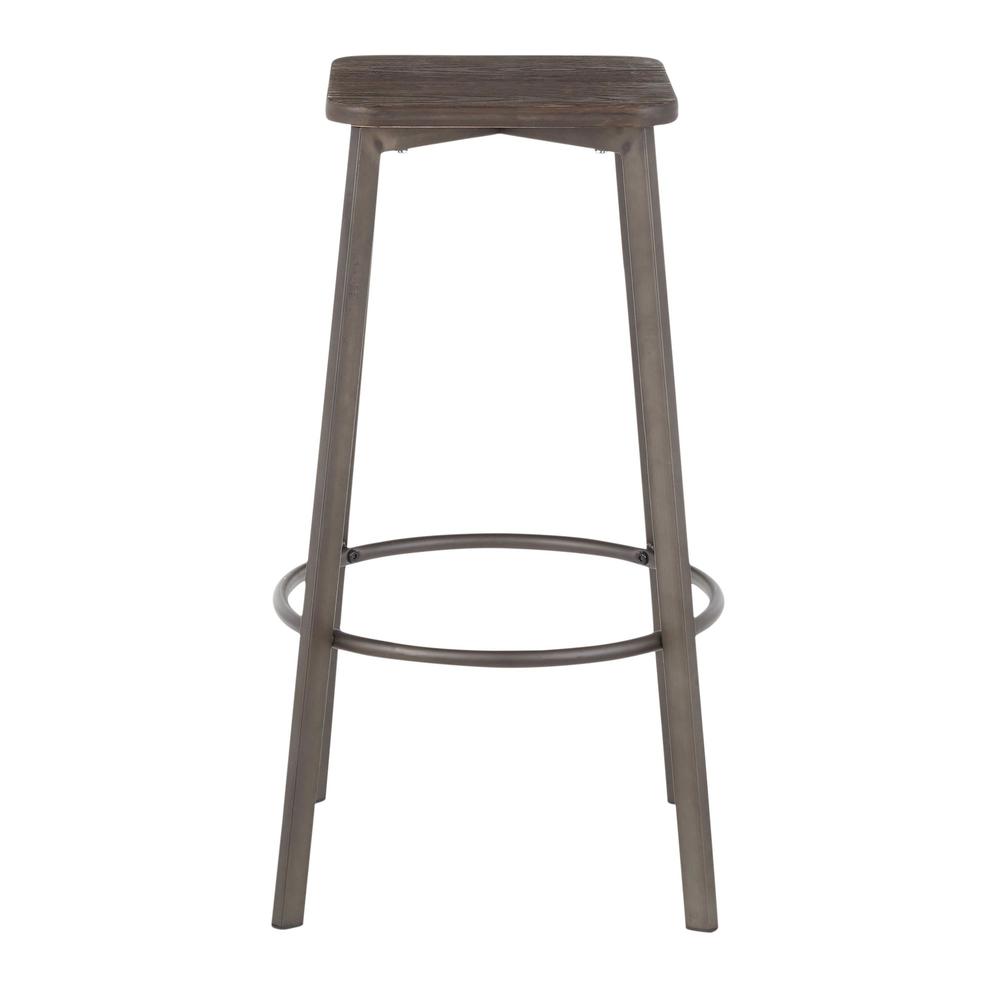 Clara Industrial Square Barstool in Antique Metal and Espresso Wood-Pressed Grain Bamboo - Set of 2. Picture 3