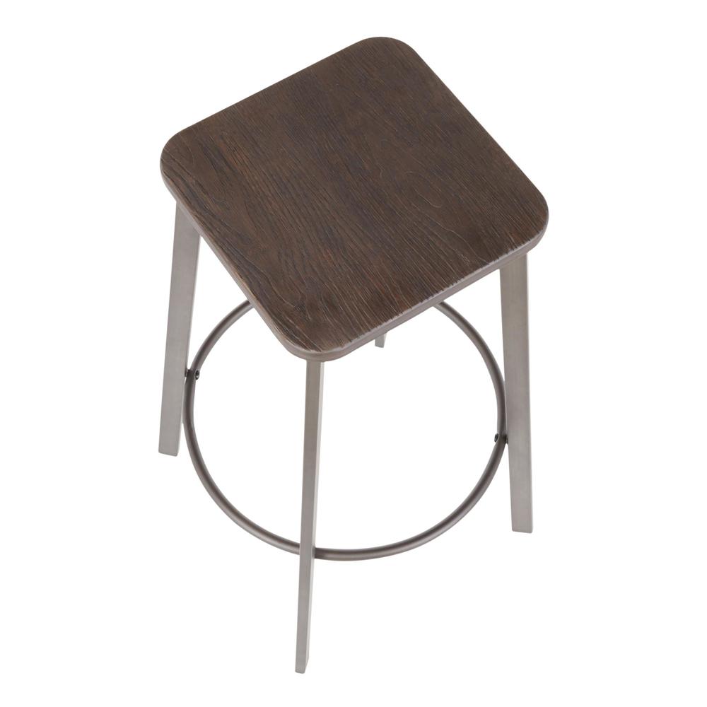 Clara Industrial Square Barstool in Antique Metal and Espresso Wood-Pressed Grain Bamboo - Set of 2. Picture 6