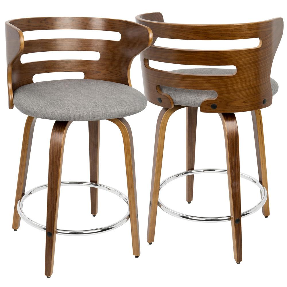 Cosini Mid-Century Modern Counter Stool with Swivel in Walnut and Grey Fabric - Set of 2. Picture 1