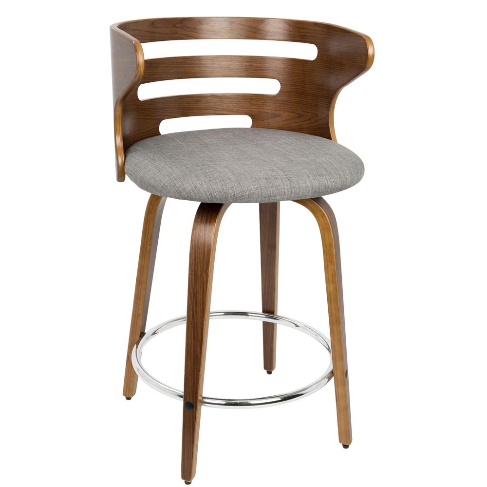 Cosini Mid-Century Modern Counter Stool with Swivel in Walnut and Grey Fabric - Set of 2. Picture 2