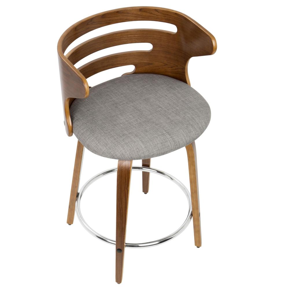 Cosini Mid-Century Modern Counter Stool with Swivel in Walnut and Grey Fabric - Set of 2. Picture 7