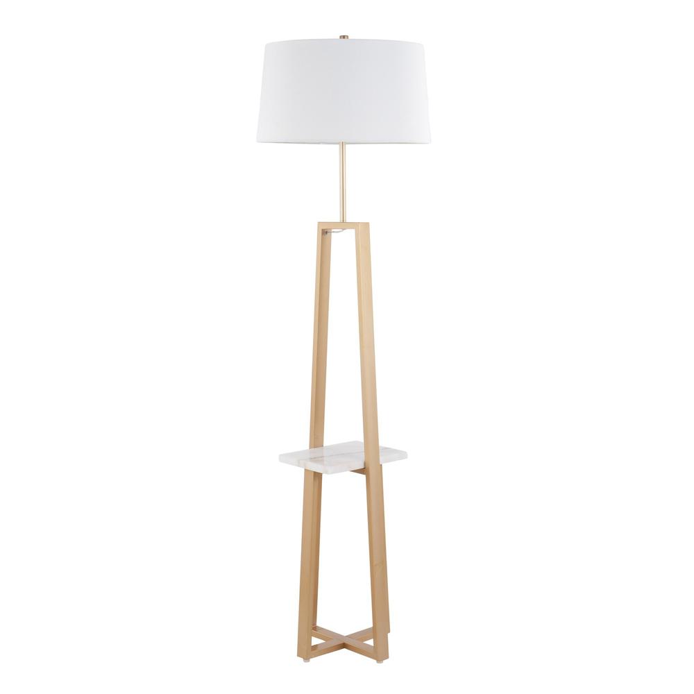 White Marble, Gold Metal, White Linen Cosmo Shelf Floor Lamp. Picture 4