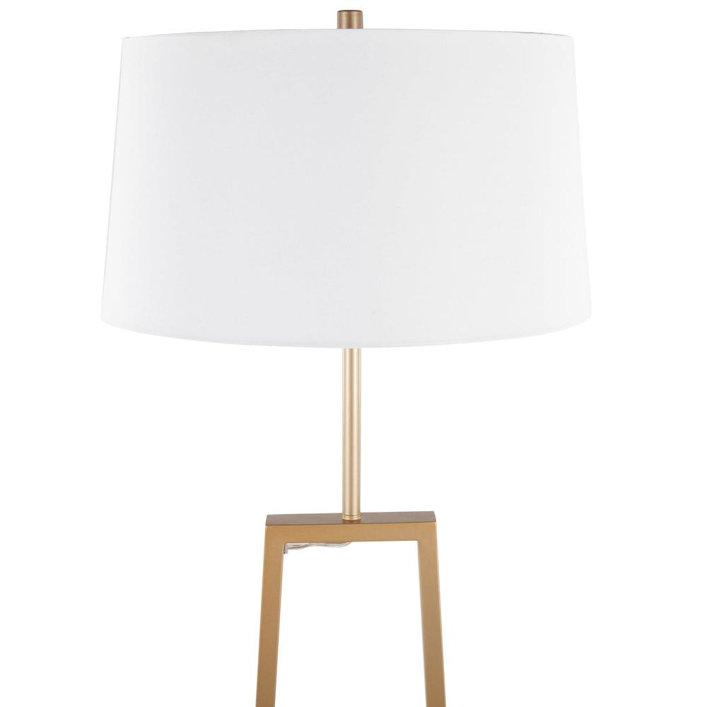 White Marble, Gold Metal, White Linen Cosmo Shelf Floor Lamp. Picture 6