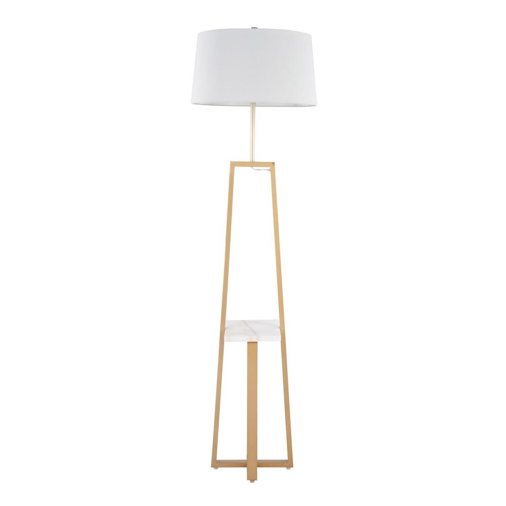 White Marble, Gold Metal, White Linen Cosmo Shelf Floor Lamp. Picture 5