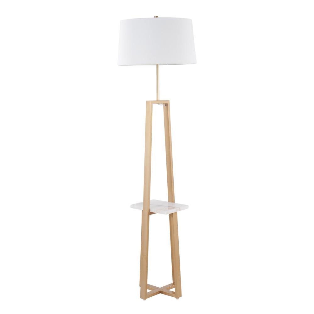 White Marble, Gold Metal, White Linen Cosmo Shelf Floor Lamp. Picture 1