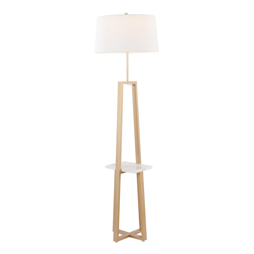 White Marble, Gold Metal, White Linen Cosmo Shelf Floor Lamp. Picture 2